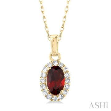 5x3 MM Oval Shape Garnet and 1/20 Ctw Single Cut Diamond Halo Semi-Precious Pendant with Chain in 14K Yellow Gold